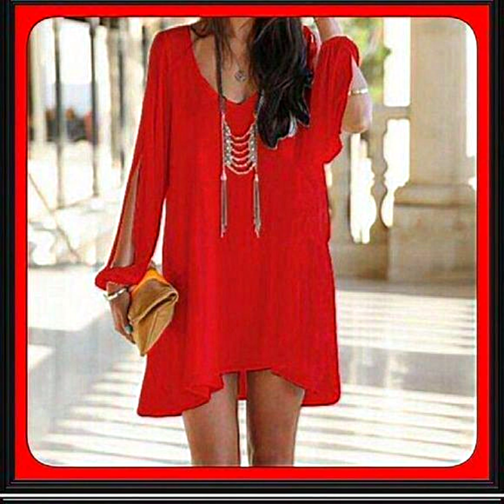 SEXY RED CHIFFON  OPEN SLIT LONG SLEEVE ‎ DRESS Size xxl